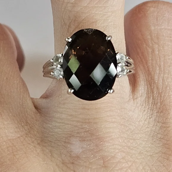 Genuine Smoky Brown Topaz & White Topaz Ring  in Sterling Silver Size 7! - Picture 6 of 7